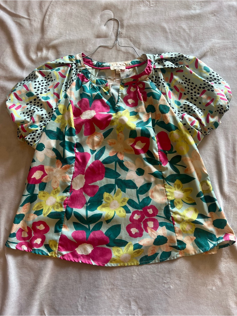 Umgee Floral Puff-Sleeve Top in Pink, Green & Yellow